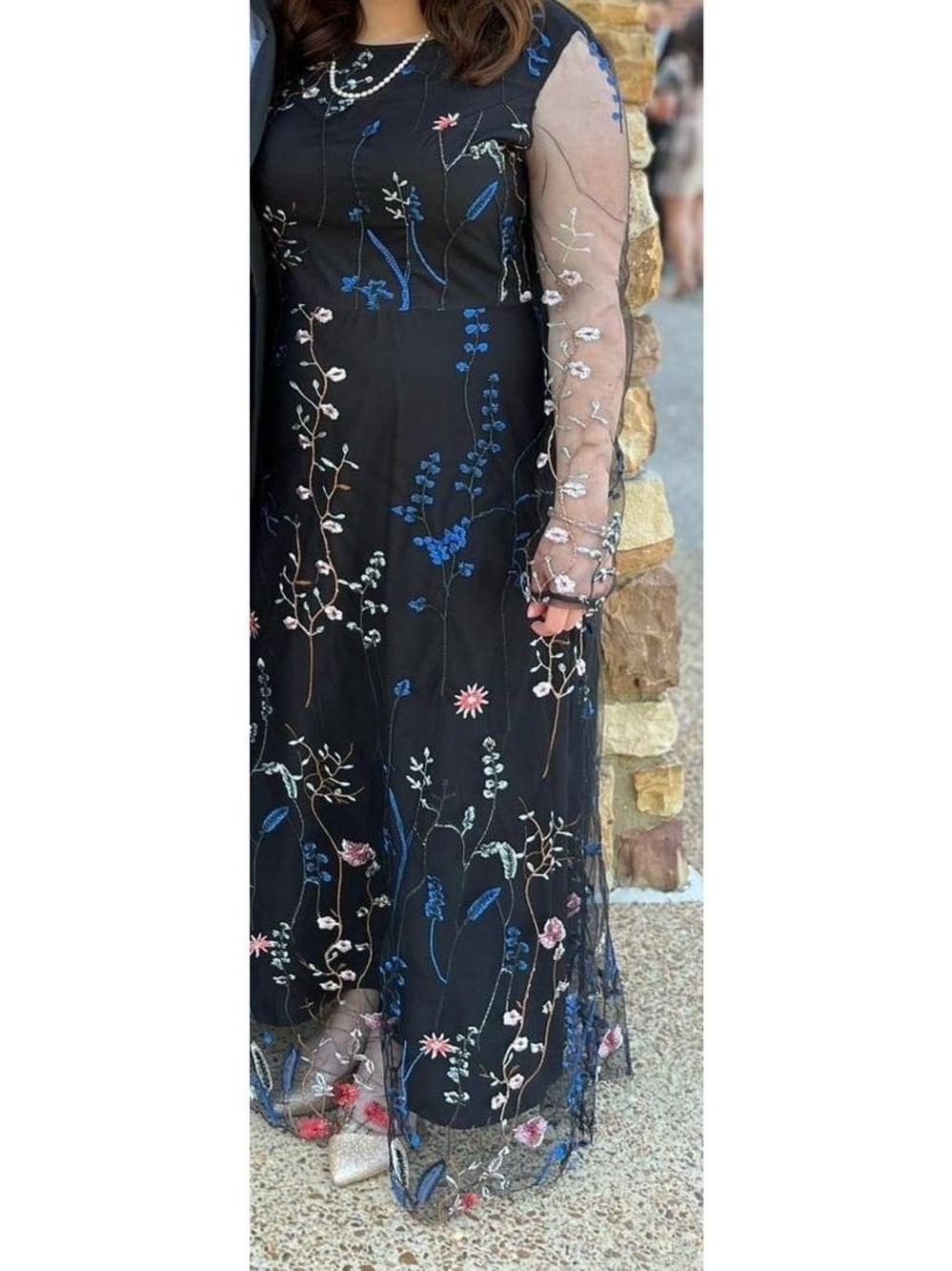 Black Embroidered Maxi Dress with Sheer Sleeves